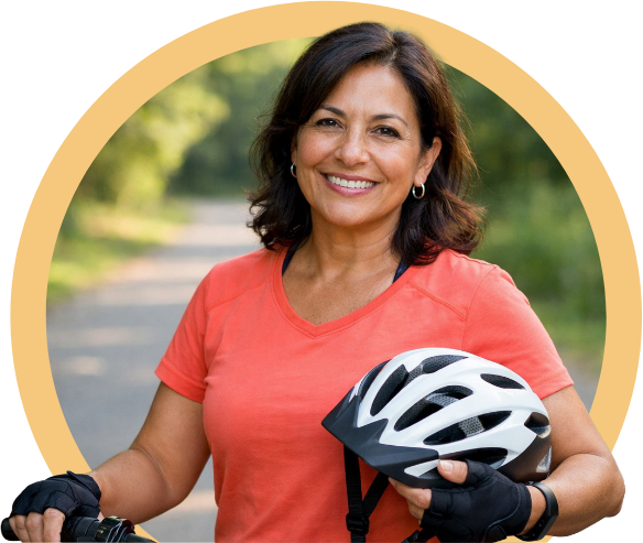 Mujer con una bicicleta y un casco